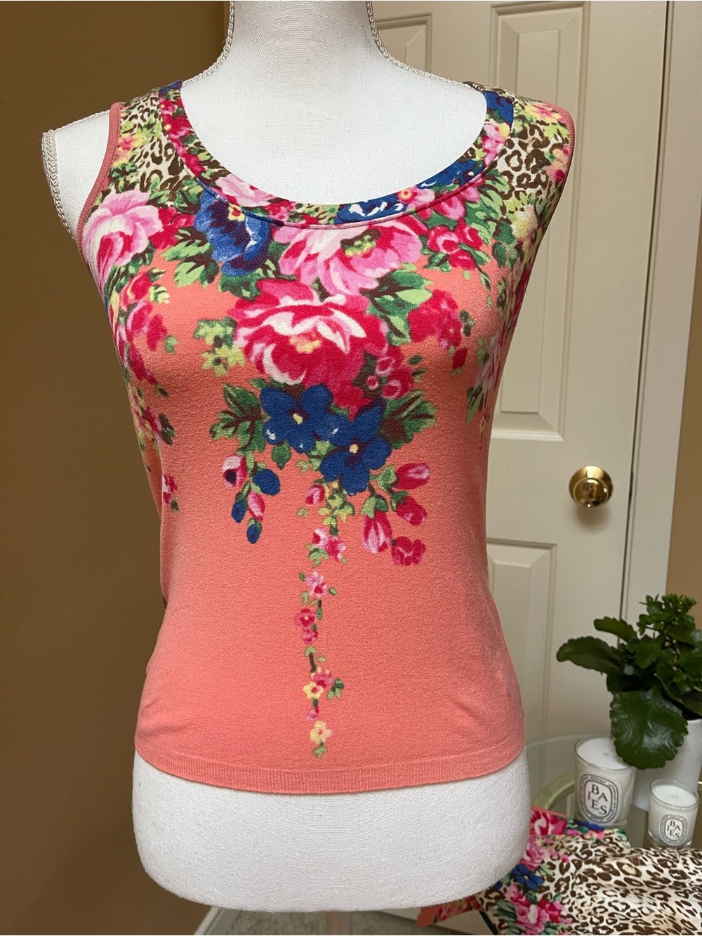 Blumarine Floral Print Tank Top Size 42 Coral Pink Sleeveless Rayon